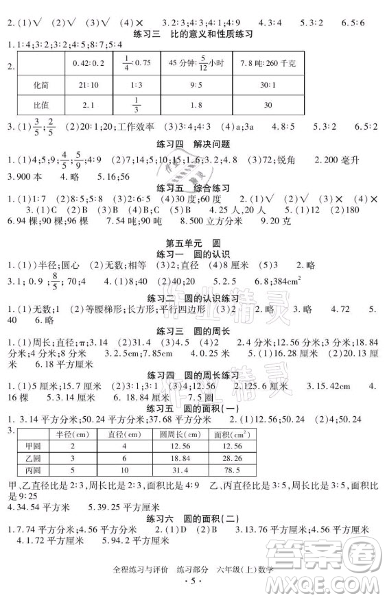 浙江人民出版社2021全程練習(xí)與評(píng)價(jià)六年級(jí)上冊(cè)數(shù)學(xué)人教版答案