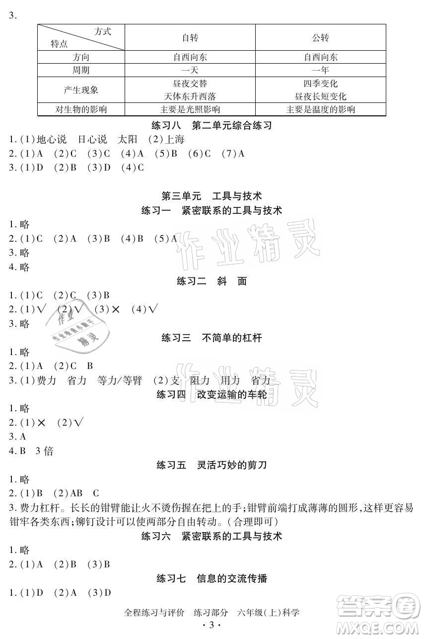 浙江人民出版社2021全程練習(xí)與評價六年級上冊科學(xué)教科版答案