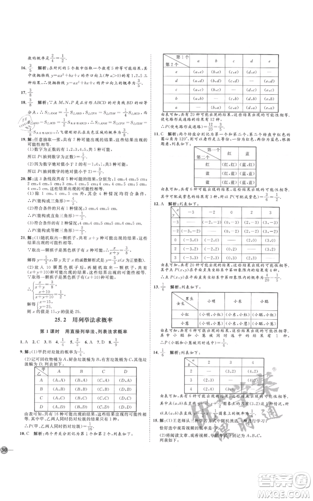 延邊教育出版社2021優(yōu)+學(xué)案課時(shí)通九年級(jí)上冊(cè)數(shù)學(xué)人教版河北專版參考答案