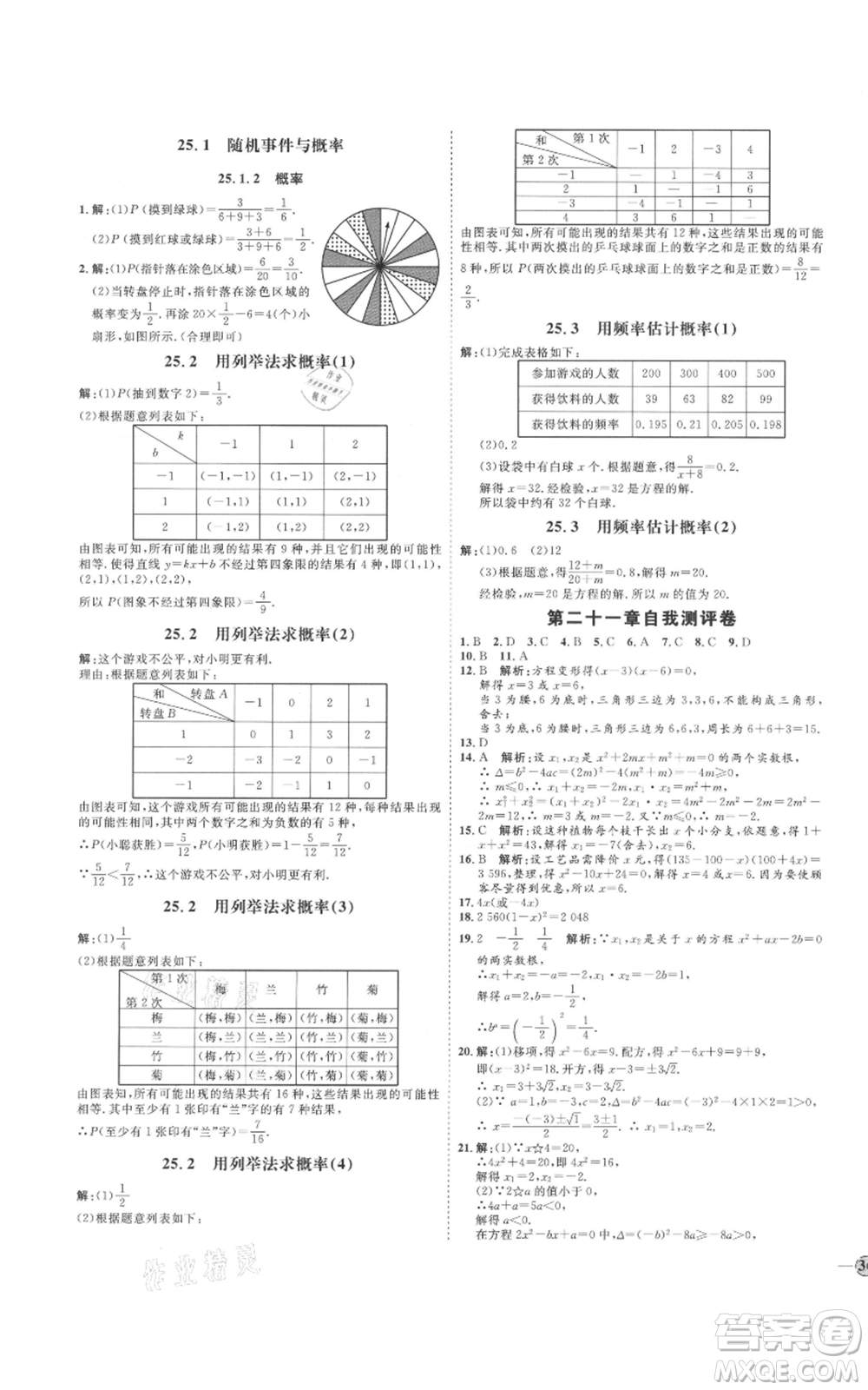 延邊教育出版社2021優(yōu)+學(xué)案課時(shí)通九年級(jí)上冊(cè)數(shù)學(xué)人教版河北專版參考答案