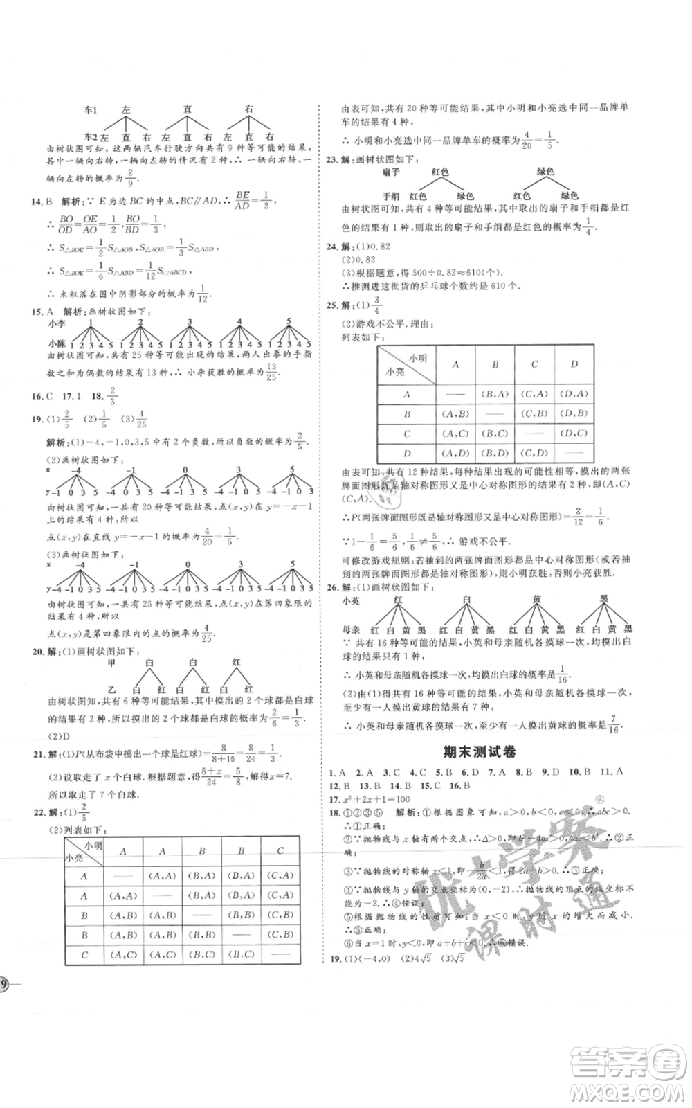 延邊教育出版社2021優(yōu)+學(xué)案課時(shí)通九年級(jí)上冊(cè)數(shù)學(xué)人教版河北專版參考答案