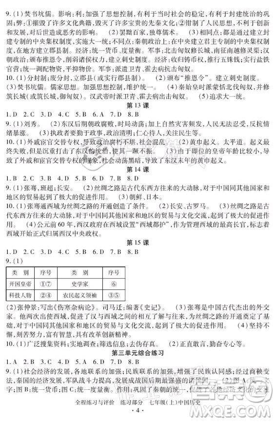 浙江人民出版社2021全程練習(xí)與評價(jià)七年級上冊中國歷史人教版答案