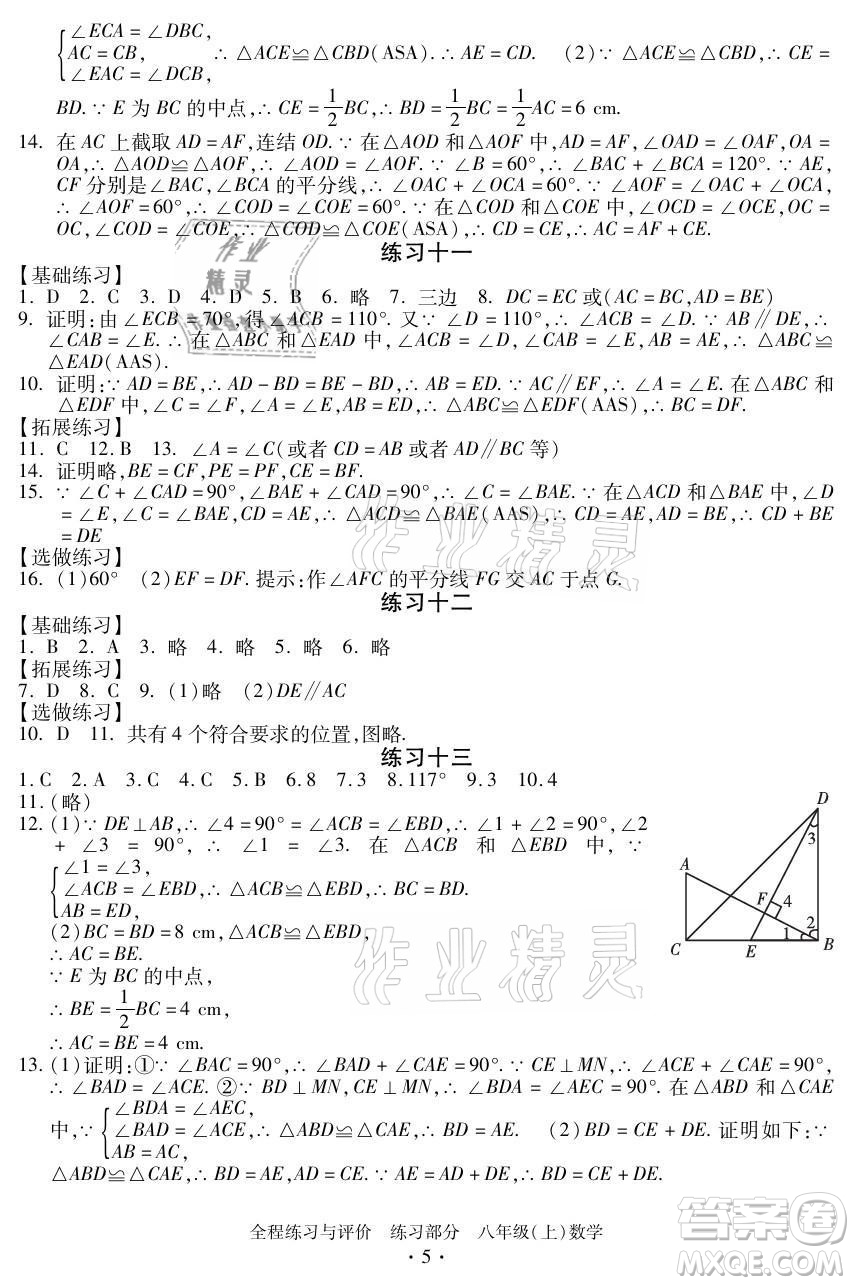 浙江人民出版社2021全程練習(xí)與評價八年級上冊數(shù)學(xué)浙教版答案