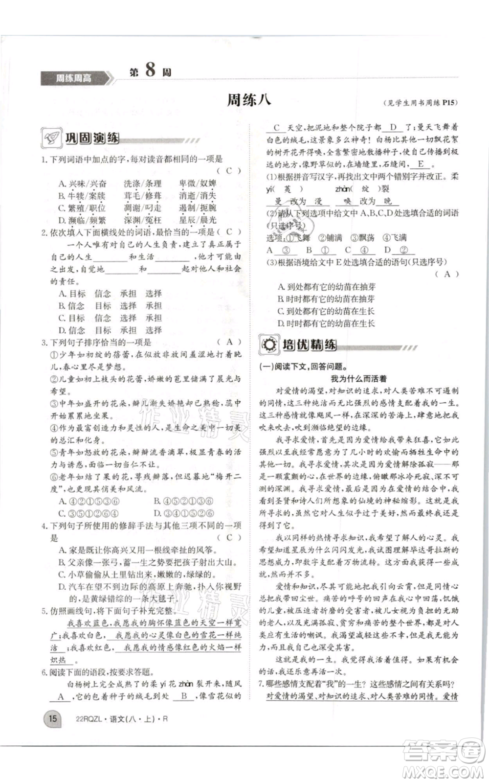 江西高校出版社2021日清周練八年級上冊語文人教版參考答案