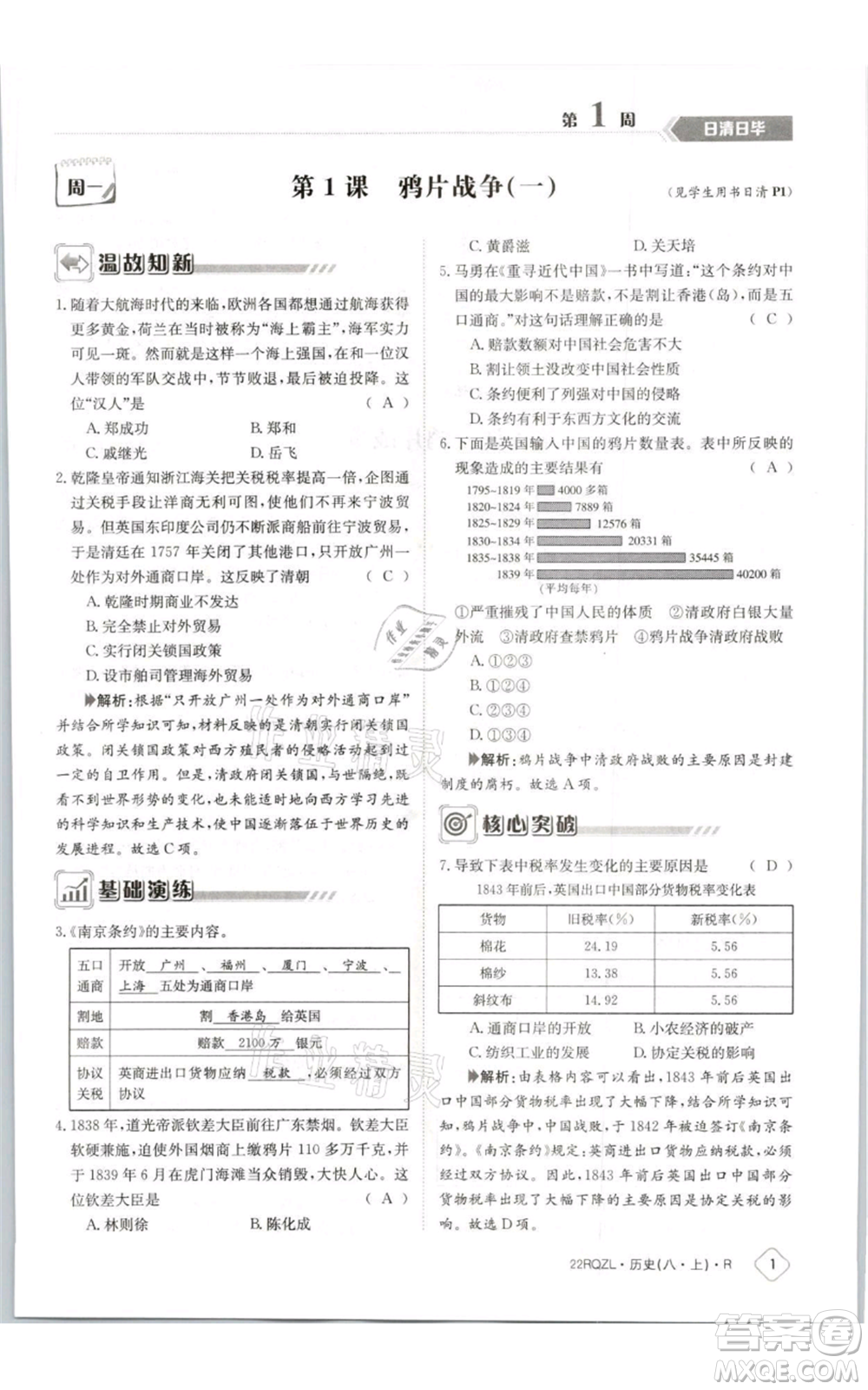 江西高校出版社2021日清周練八年級上冊歷史人教版參考答案