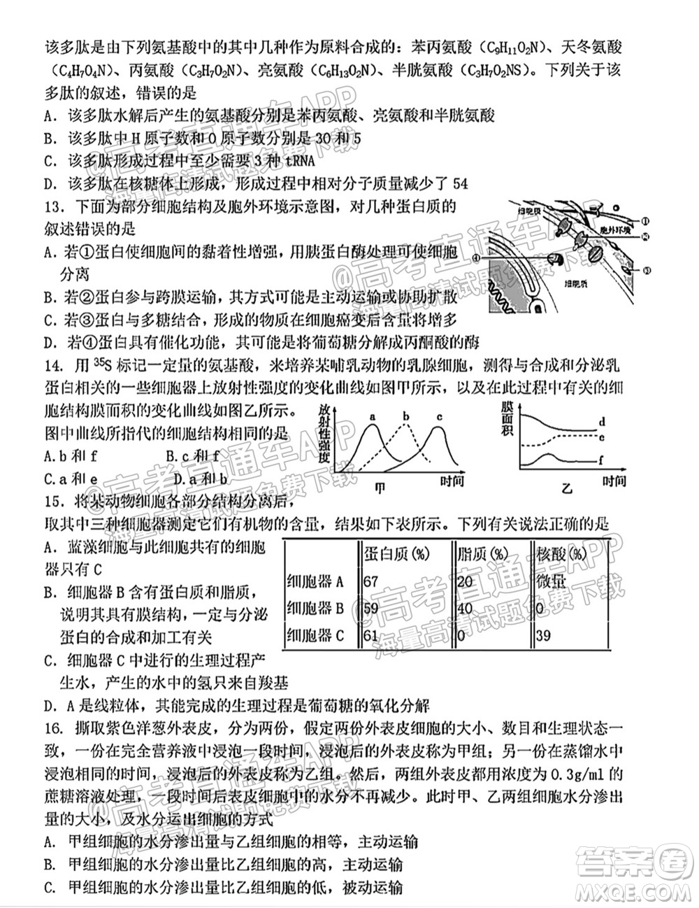 太原五中2021-2022學年度第一學期月考高三生物試題及答案