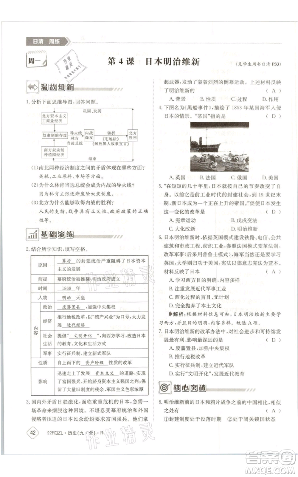 江西高校出版社2021日清周練九年級(jí)歷史人教版參考答案