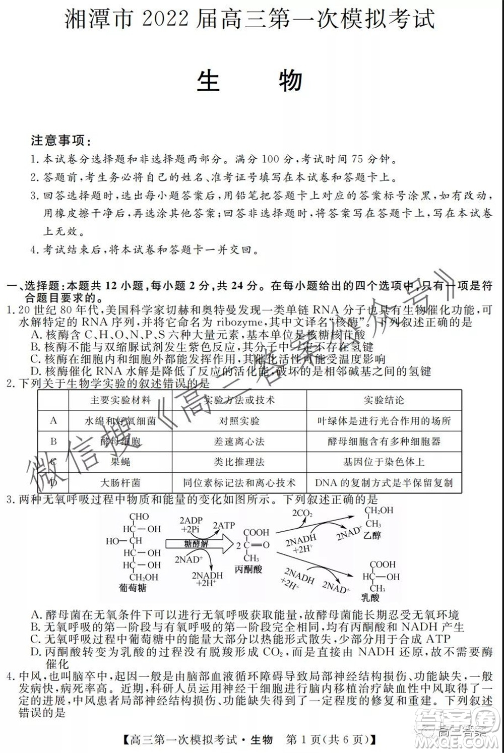 湘潭市2022屆高三第一次模擬考試生物試題及答案