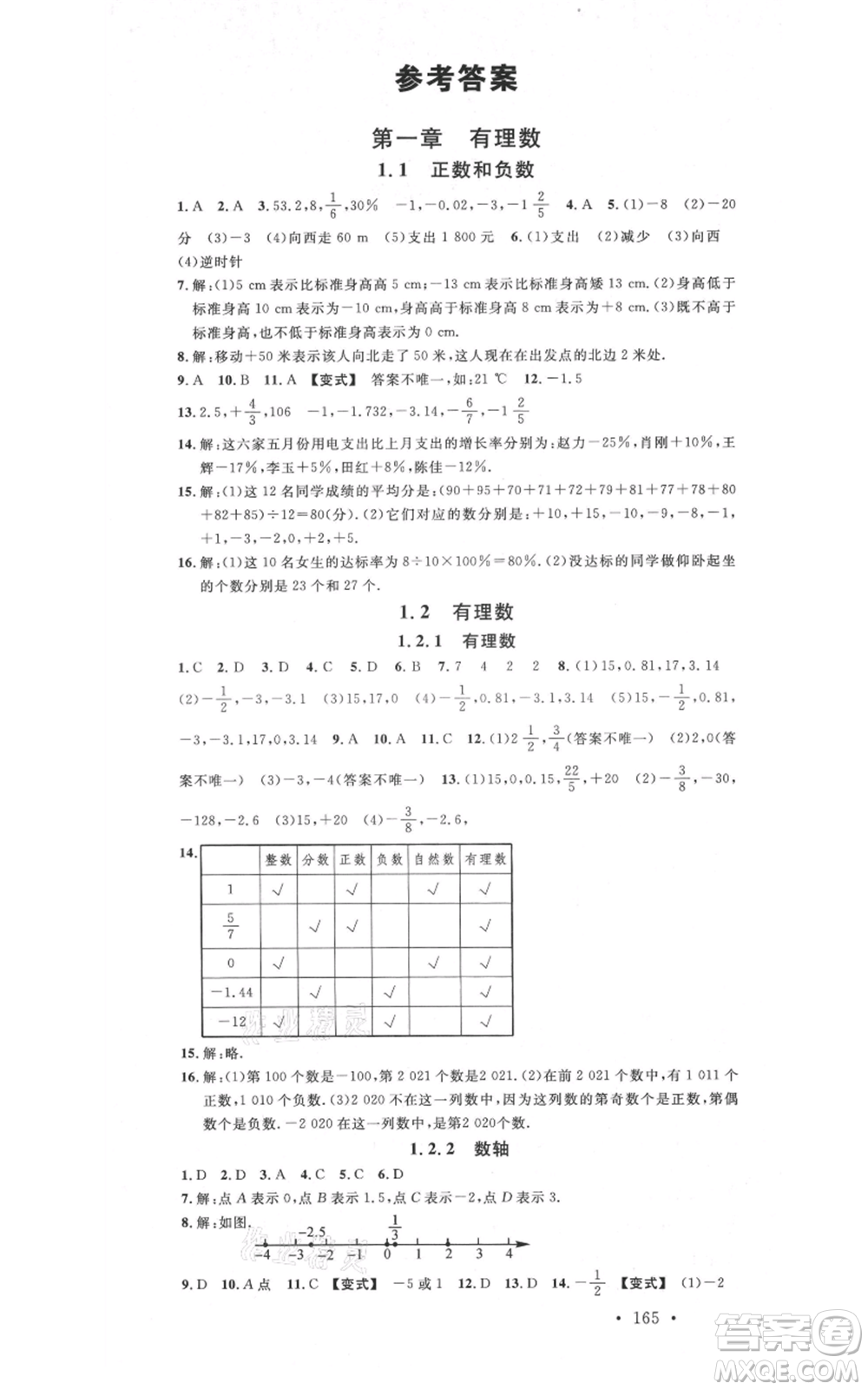 吉林教育出版社2021名校課堂滾動學習法七年級上冊數學人教版云南專版參考答案