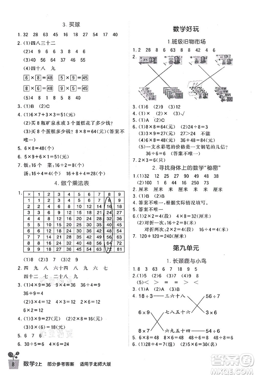 四川教育出版社2021新課標(biāo)小學(xué)生學(xué)習(xí)實(shí)踐園地二年級(jí)數(shù)學(xué)上冊(cè)北師大版答案