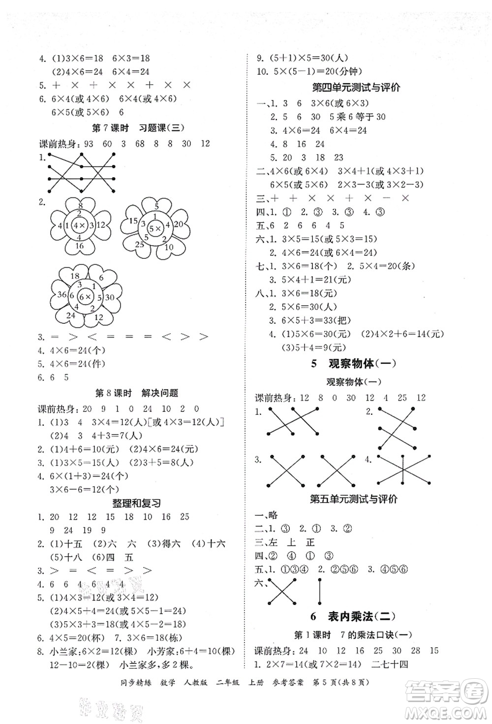 廣東人民出版社2021同步精練二年級數(shù)學(xué)上冊人教版答案