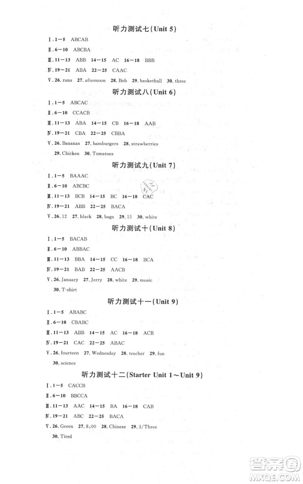 安徽師范大學出版社2021名校課堂七年級上冊英語人教版背記本河北專版參考答案