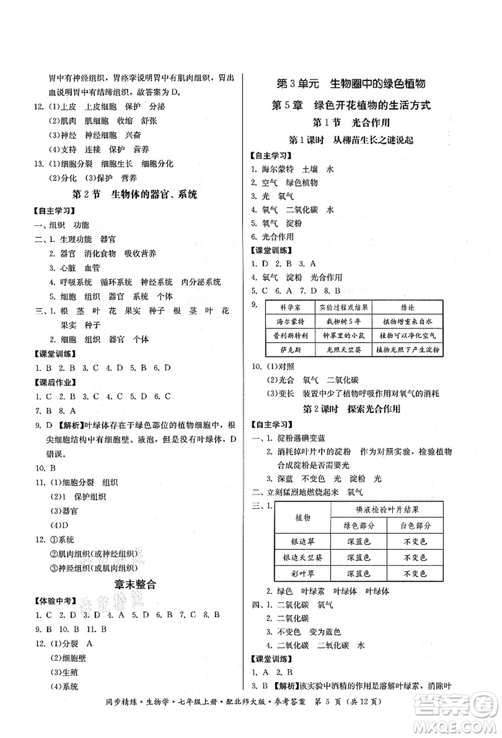 廣東人民出版社2021同步精練七年級生物上冊北師大版答案