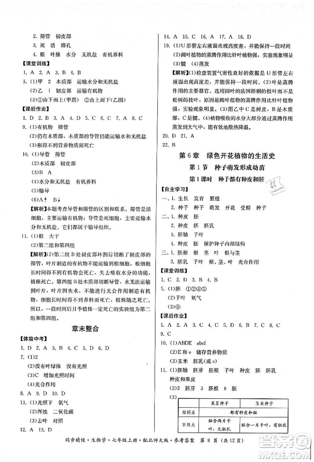 廣東人民出版社2021同步精練七年級生物上冊北師大版答案