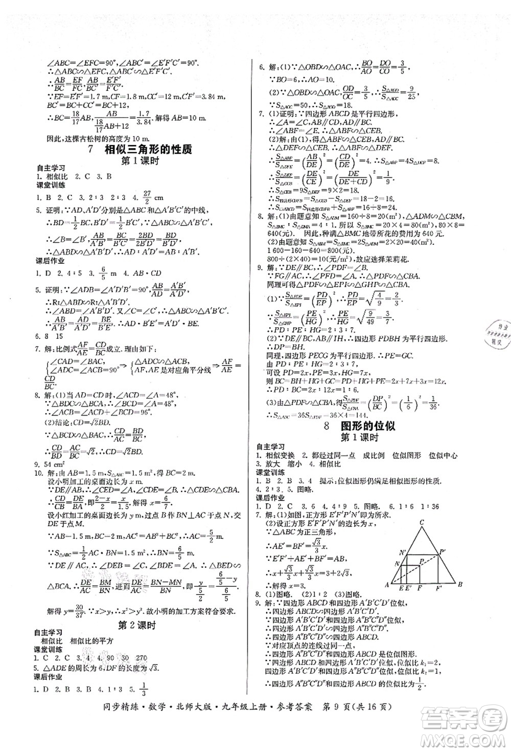 廣東人民出版社2021同步精練九年級數(shù)學(xué)上冊北師大版答案