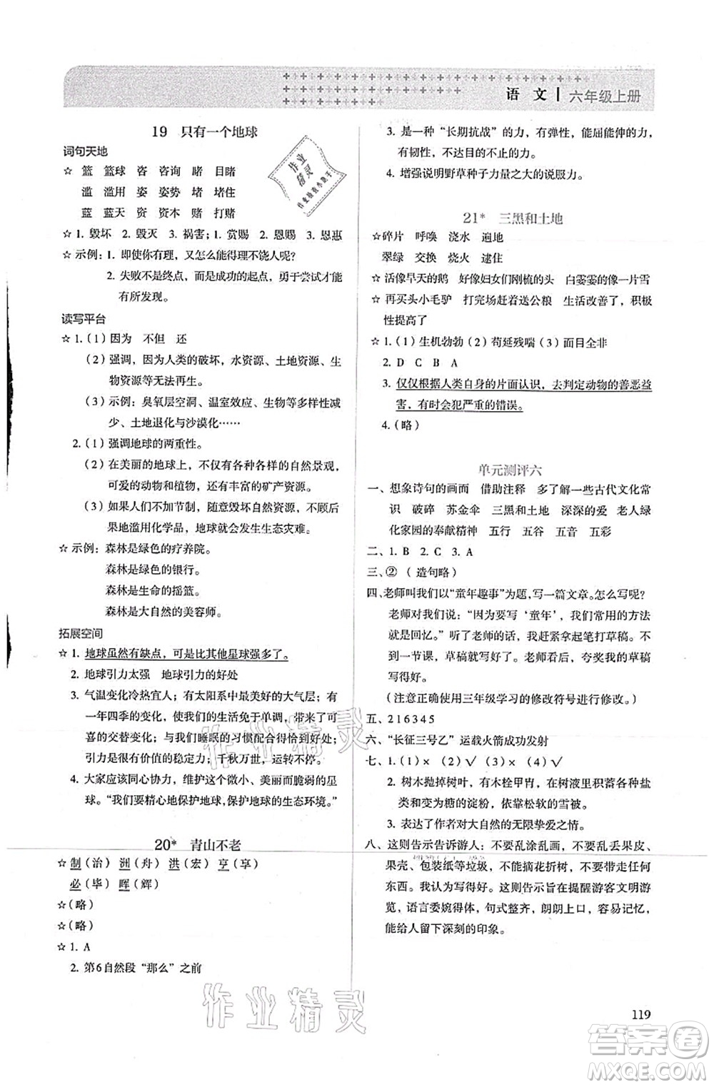 人民教育出版社2021同步解析與測(cè)評(píng)六年級(jí)語文上冊(cè)人教版答案