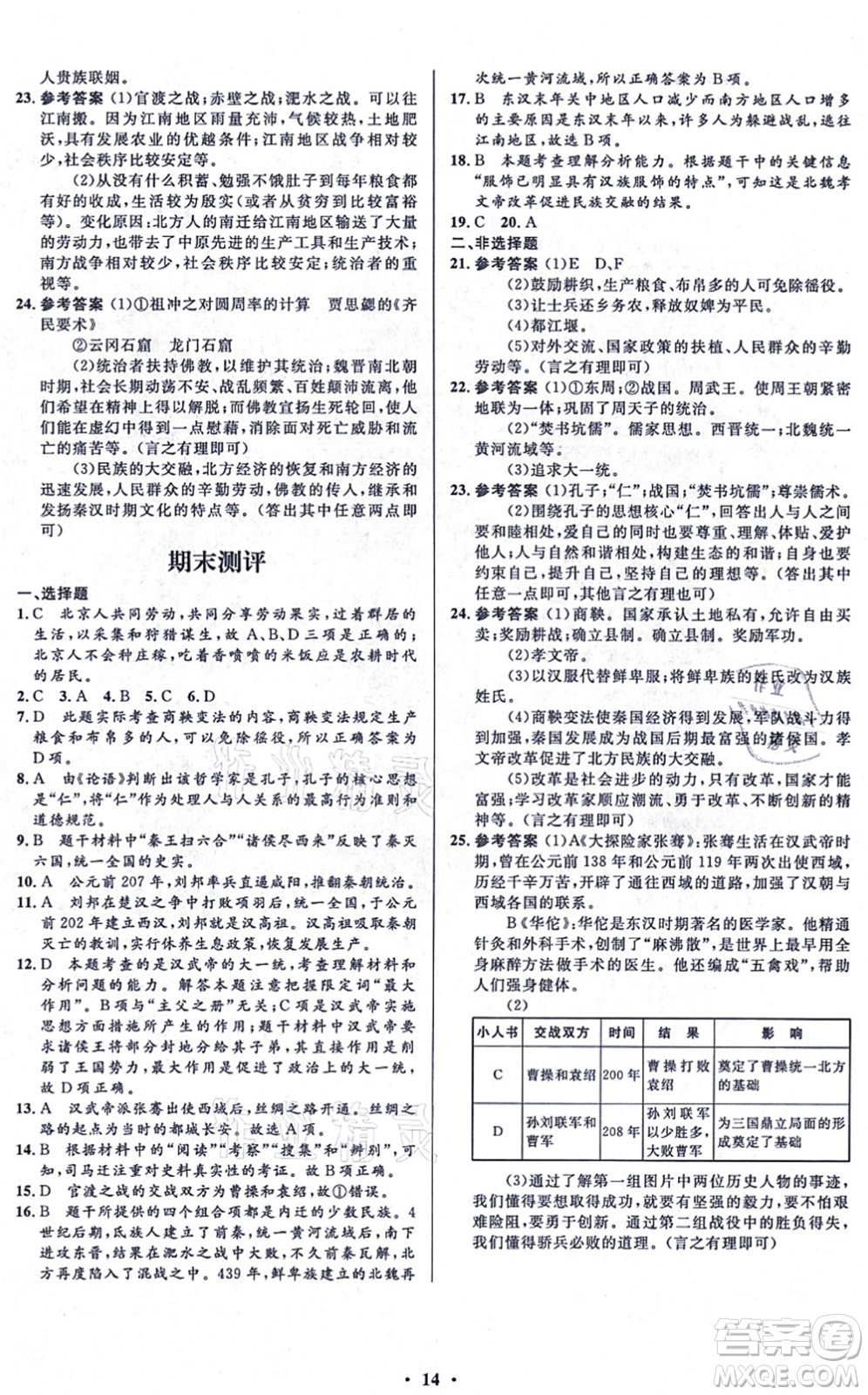 人民教育出版社2021同步解析與測評學(xué)考練七年級歷史上冊人教版江蘇專版答案