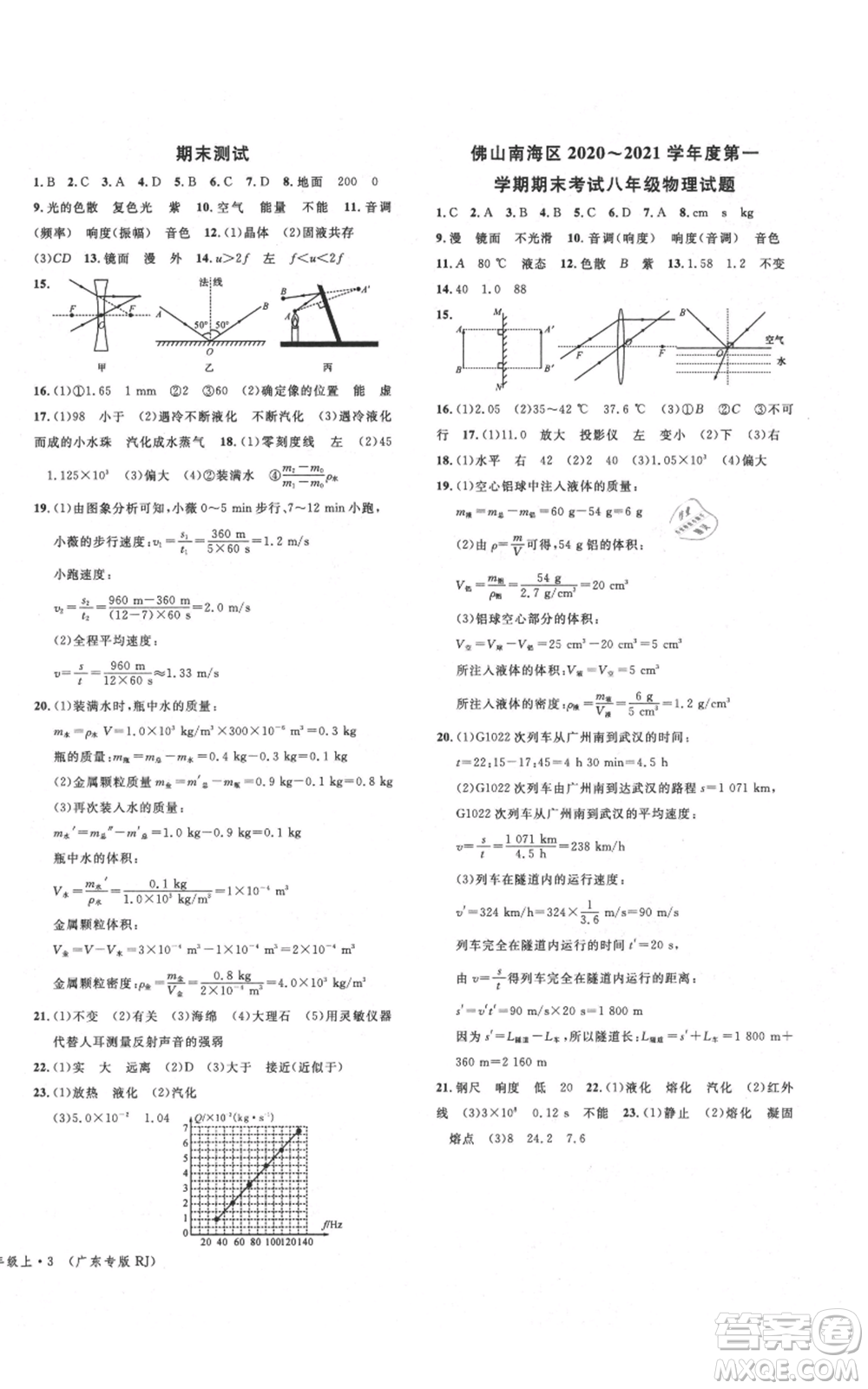 安徽師范大學(xué)出版社2021名校課堂八年級上冊物理人教版廣東專版參考答案