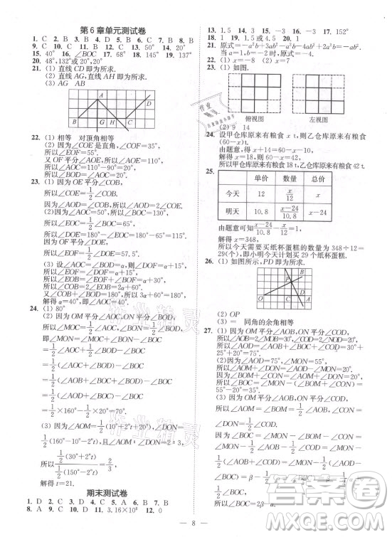 江蘇鳳凰美術(shù)出版社2021南通小題課時(shí)提優(yōu)作業(yè)本七年級數(shù)學(xué)上冊江蘇版答案