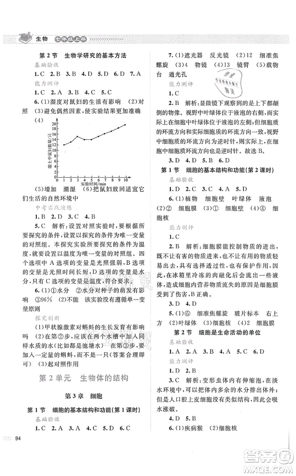 北京師范大學(xué)出版社2021課堂精練七年級生物上冊北師大版答案