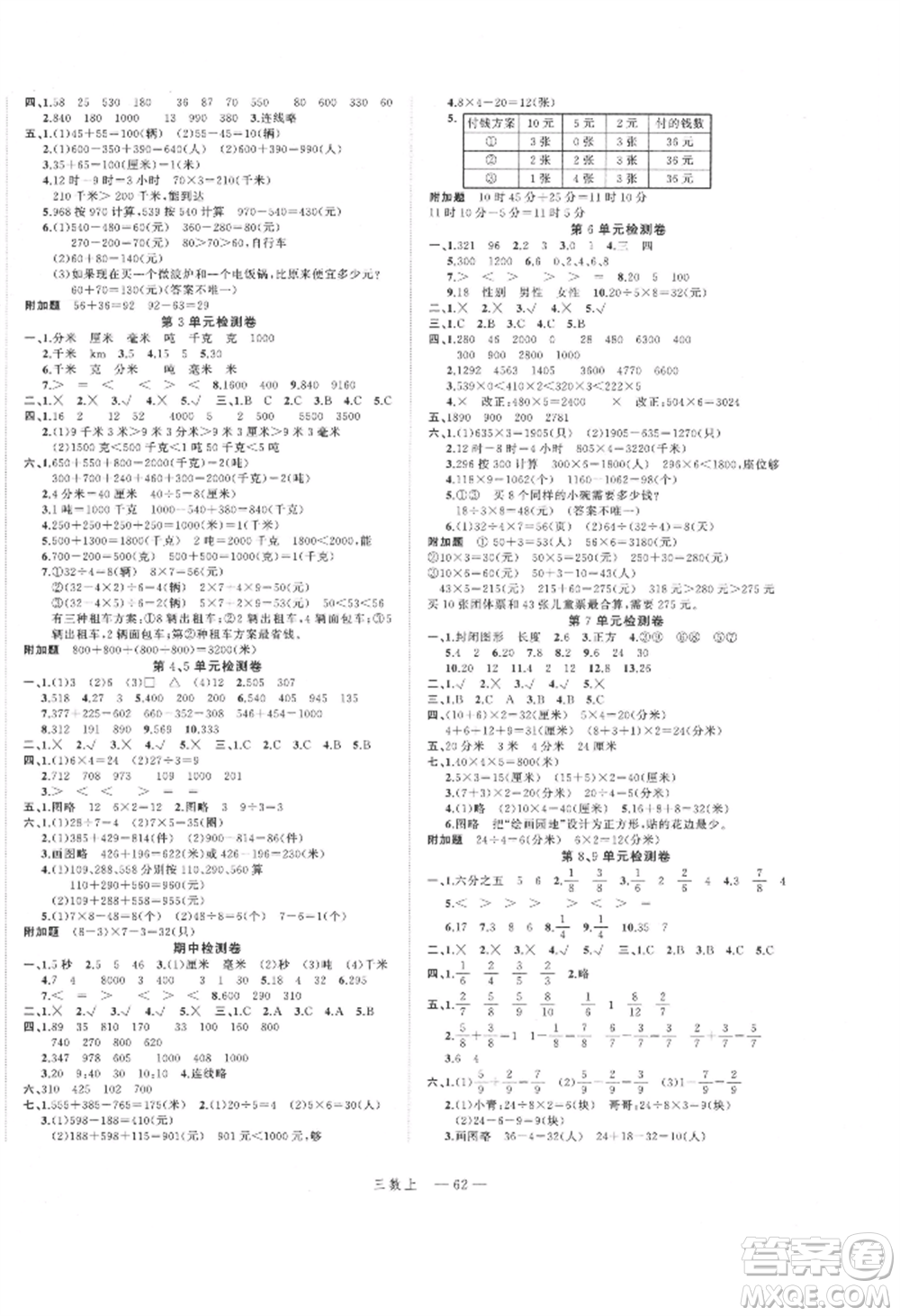 浙江工商大學出版社2021名師面對面先學后練三年級上冊數(shù)學人教版參考答案