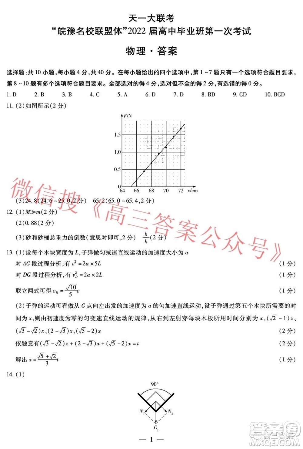 皖豫名校聯(lián)盟體2022屆高中畢業(yè)班第一次考試物理試題及答案