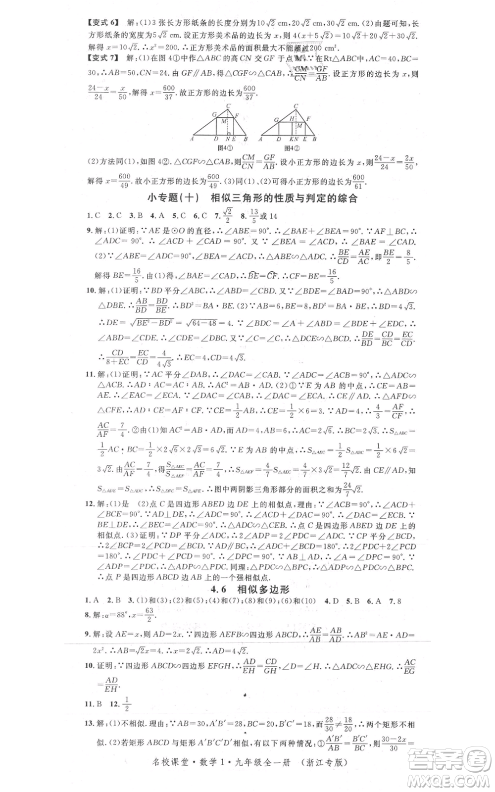 廣東經(jīng)濟出版社2021名校課堂九年級數(shù)學浙教版浙江專版參考答案