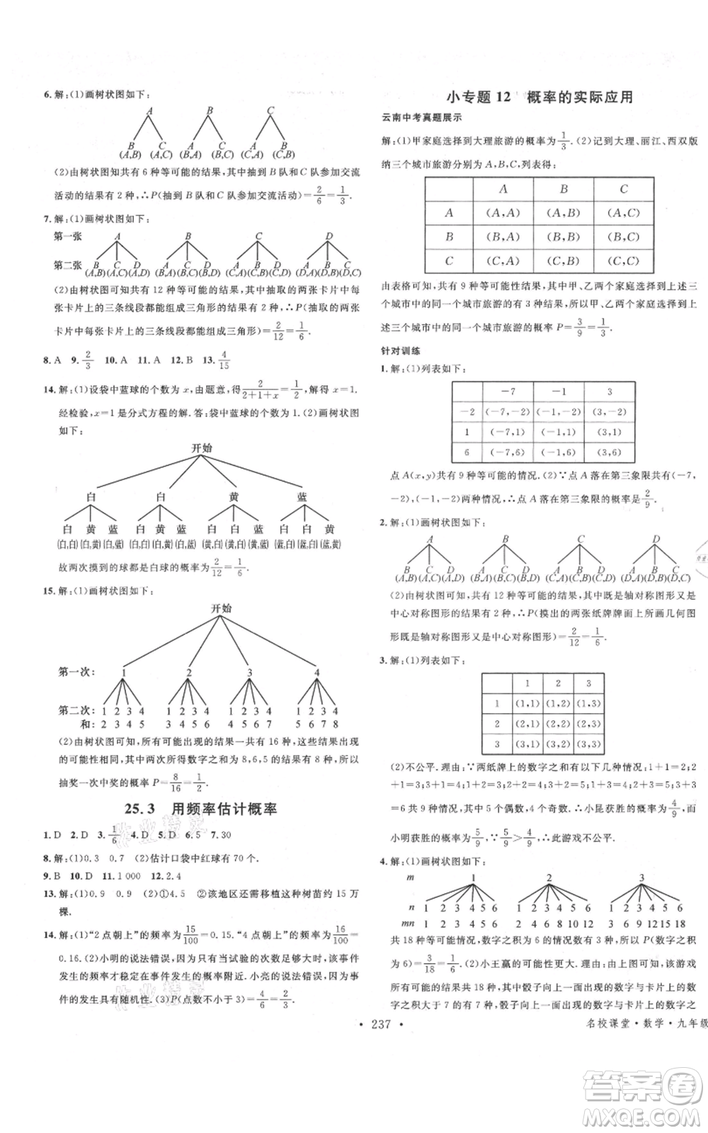 吉林教育出版社2021名校課堂滾動學習法九年級數(shù)學人教版云南專版參考答案