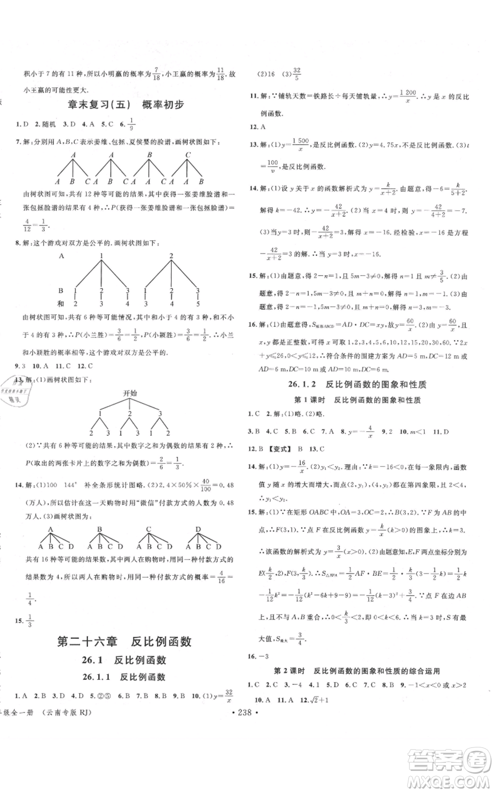 吉林教育出版社2021名校課堂滾動學習法九年級數(shù)學人教版云南專版參考答案