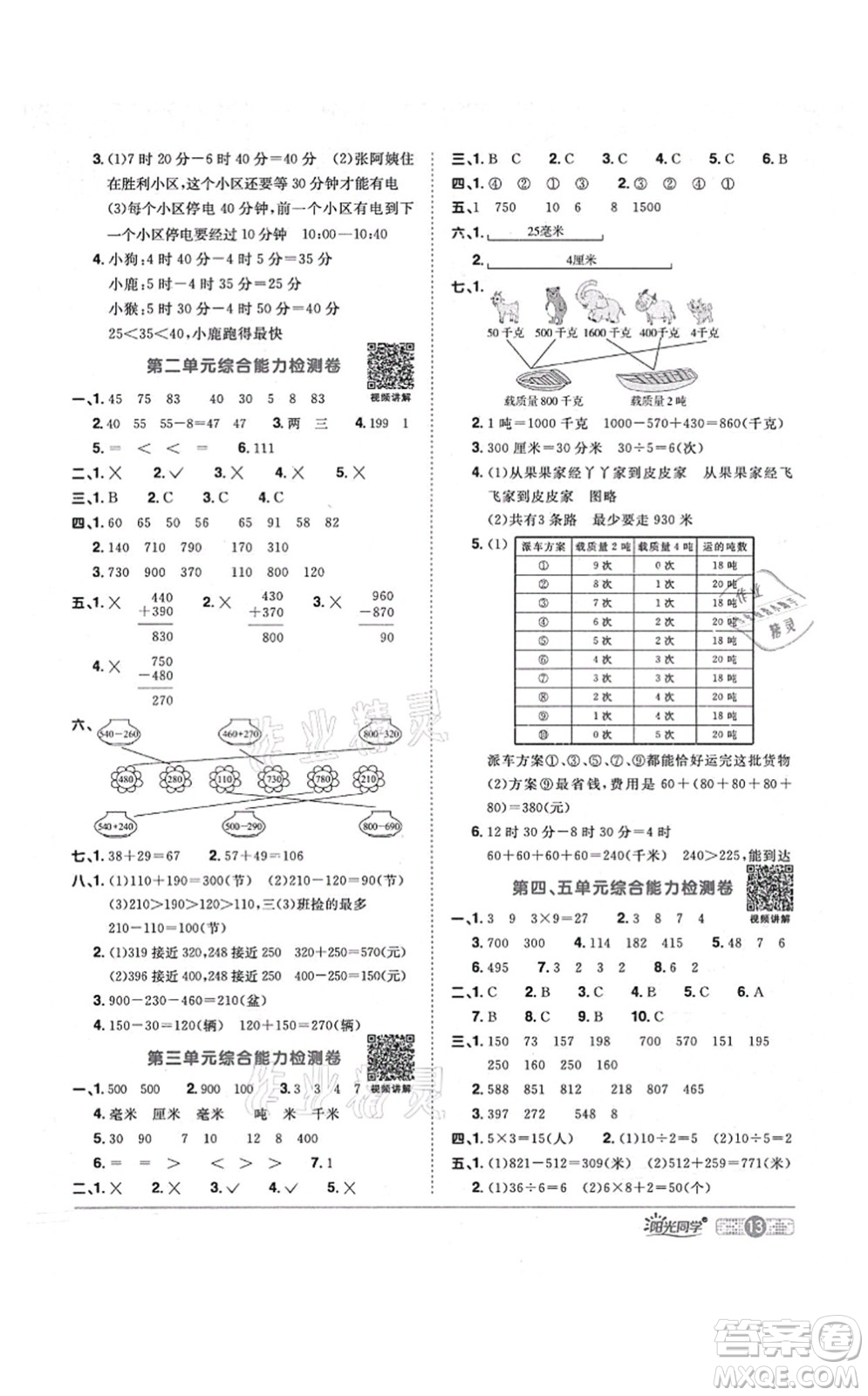 江西教育出版社2021陽光同學(xué)課時優(yōu)化作業(yè)三年級數(shù)學(xué)上冊RJ人教版答案