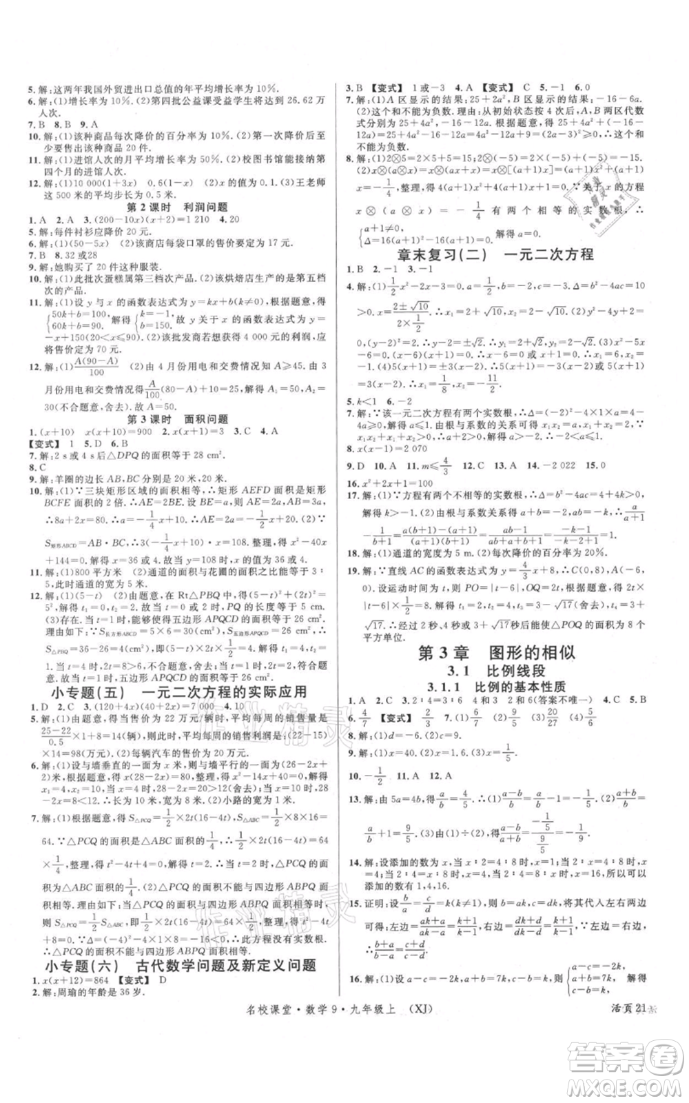 廣東經(jīng)濟出版社2021名校課堂九年級上冊數(shù)學湘教版參考答案