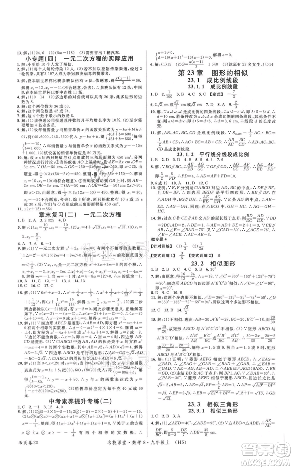 廣東經(jīng)濟出版社2021名校課堂九年級上冊數(shù)學(xué)華師大版參考答案