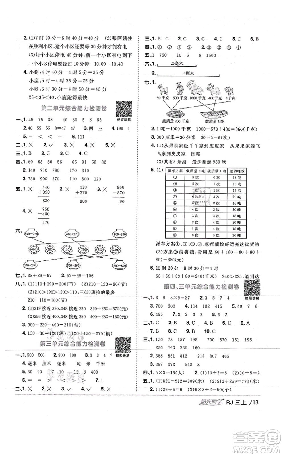 江西教育出版社2021陽(yáng)光同學(xué)課時(shí)優(yōu)化作業(yè)三年級(jí)數(shù)學(xué)上冊(cè)RJ人教版湖北專(zhuān)版答案