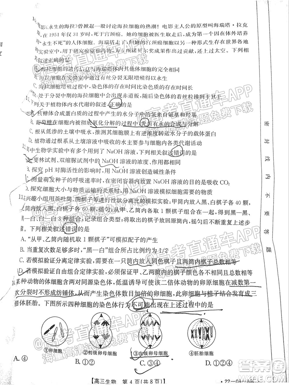 2022屆山東金太陽(yáng)10月聯(lián)考高三第一次備考監(jiān)測(cè)聯(lián)合考試生物試題及答案