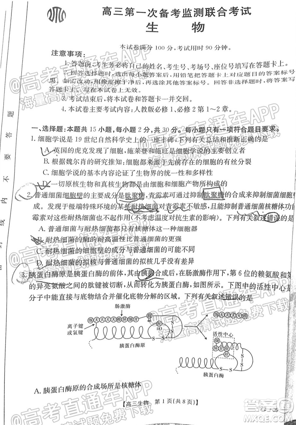 2022屆山東金太陽(yáng)10月聯(lián)考高三第一次備考監(jiān)測(cè)聯(lián)合考試生物試題及答案