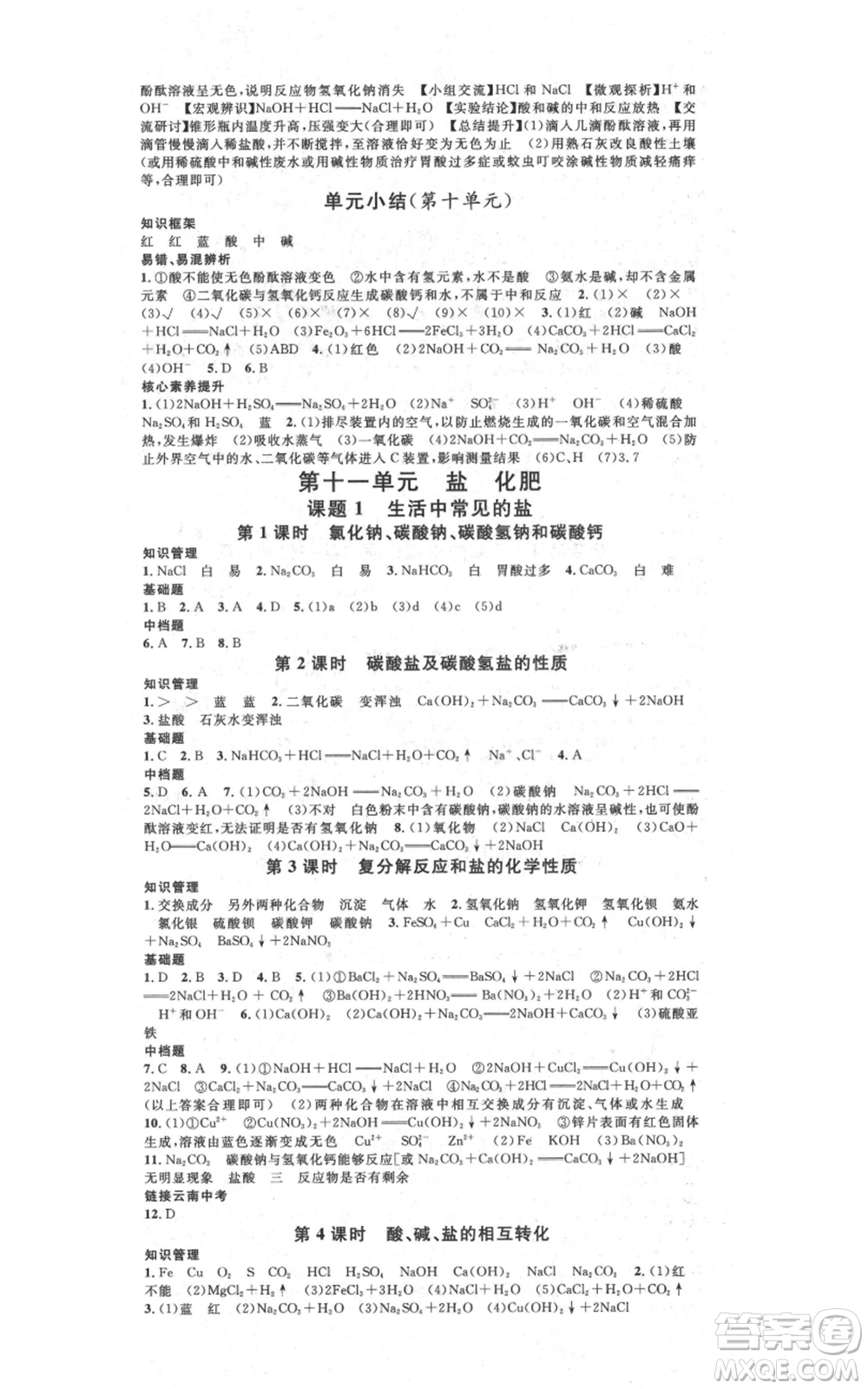 吉林教育出版社2021名校課堂滾動學(xué)習(xí)法九年級化學(xué)人教版背記手冊云南專版參考答案