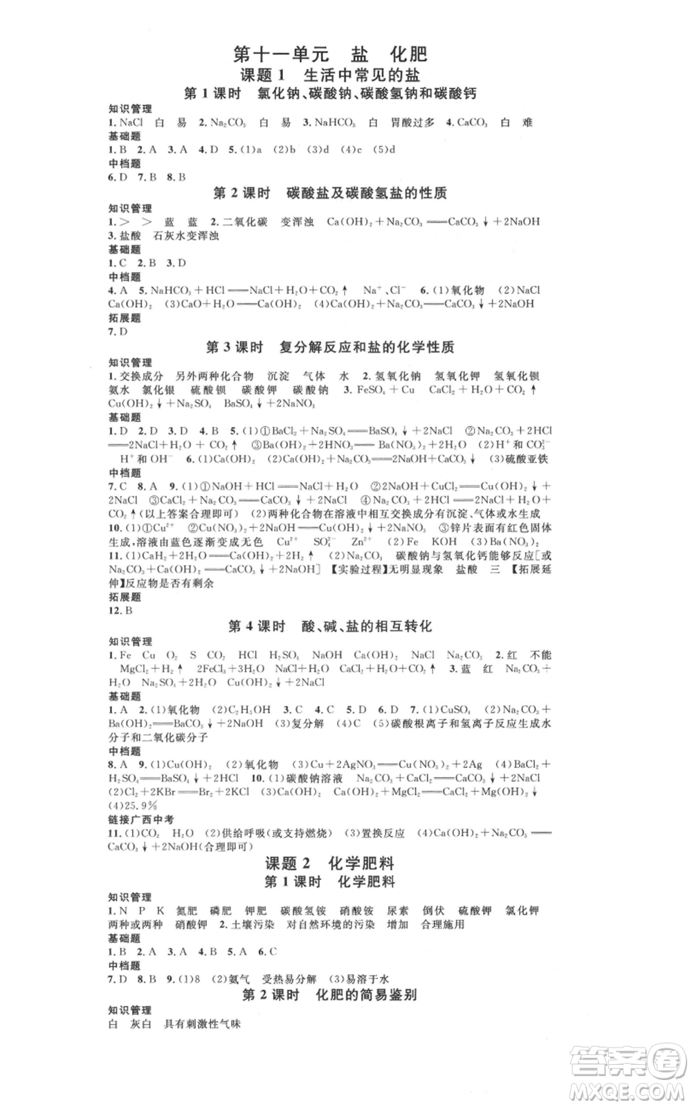 廣東經(jīng)濟出版社2021名校課堂九年級化學(xué)人教版背記手冊廣西專版參考答案 