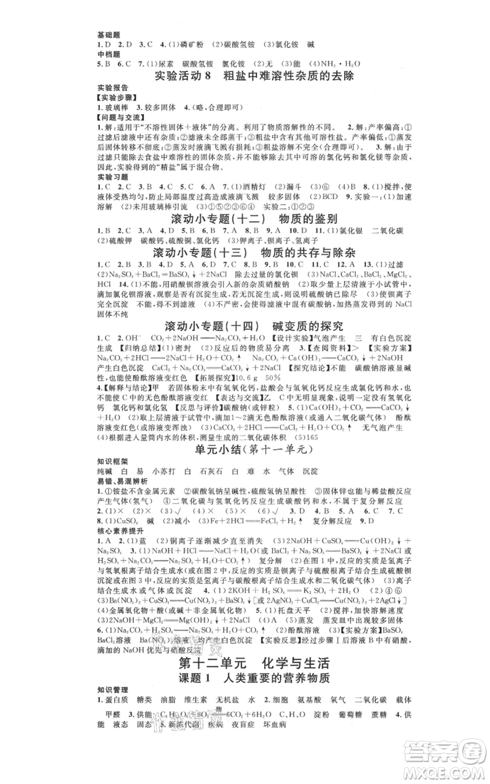 廣東經(jīng)濟出版社2021名校課堂九年級化學(xué)人教版背記手冊廣西專版參考答案 