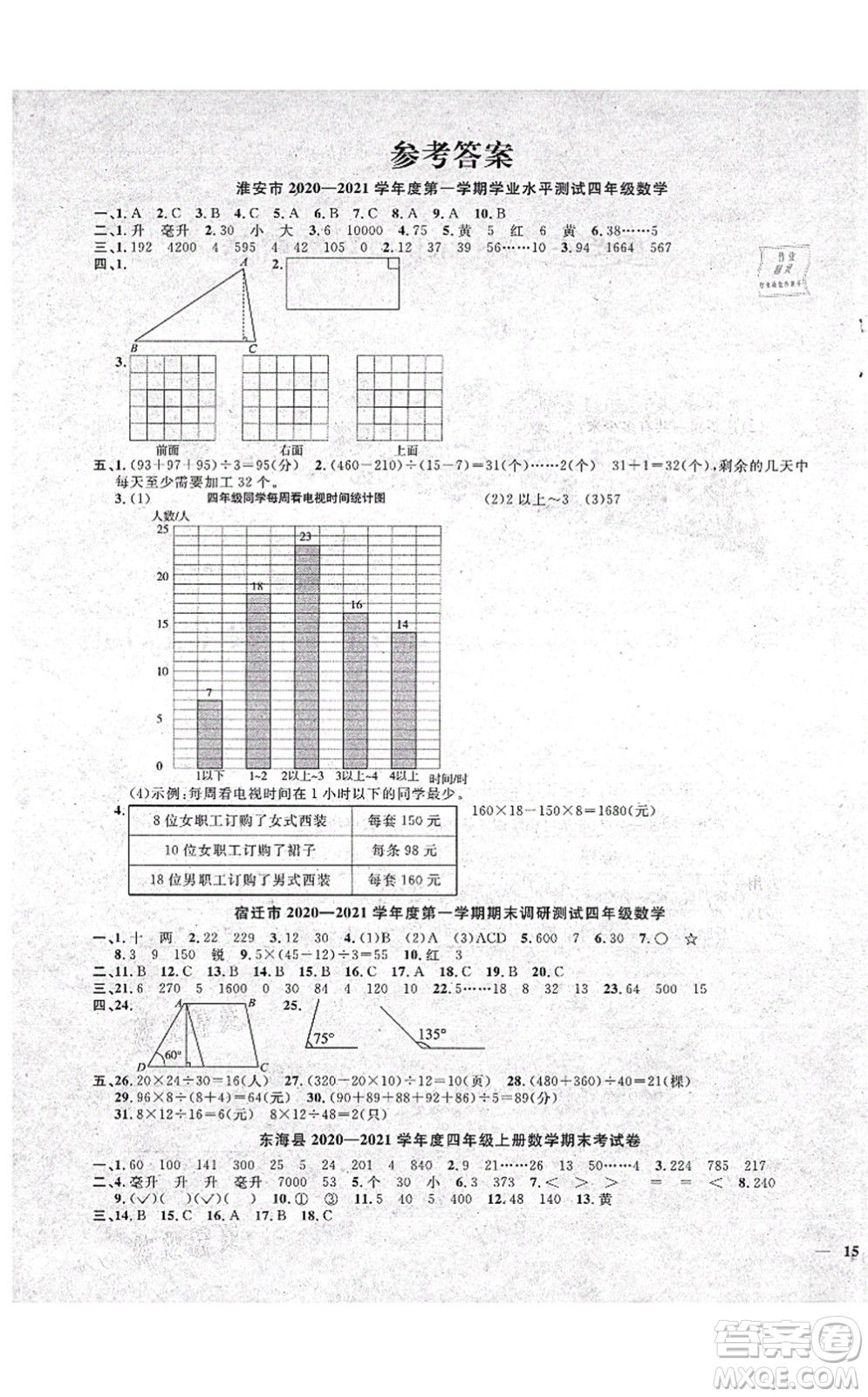 江西教育出版社2021陽光同學(xué)課時優(yōu)化作業(yè)四年級數(shù)學(xué)上冊SJ蘇教版淮宿連專版答案