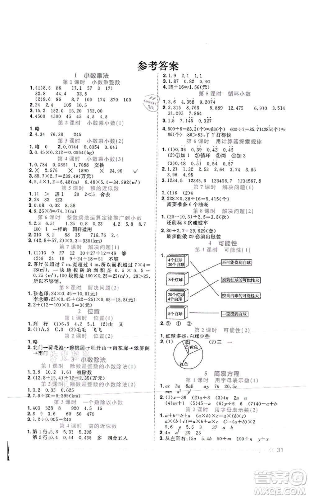 江西教育出版社2021陽光同學(xué)課時(shí)優(yōu)化作業(yè)五年級(jí)數(shù)學(xué)上冊(cè)RJ人教版菏澤專版答案