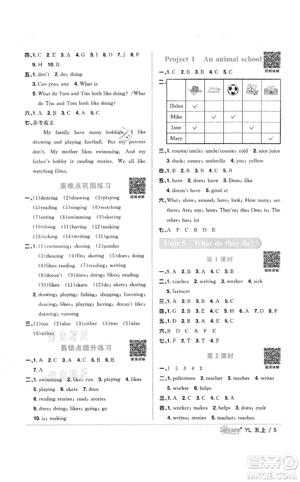 江西教育出版社2021陽(yáng)光同學(xué)課時(shí)優(yōu)化作業(yè)五年級(jí)英語(yǔ)上冊(cè)YL譯林版淮宿連專版答案