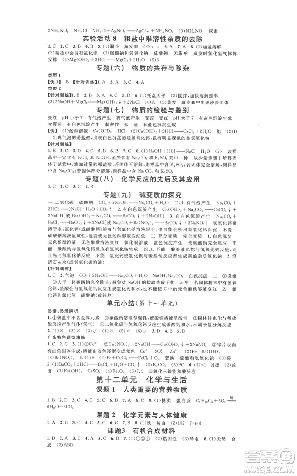 安徽師范大學(xué)出版社2021名校課堂九年級化學(xué)人教版課堂作業(yè)廣東專版參考答案