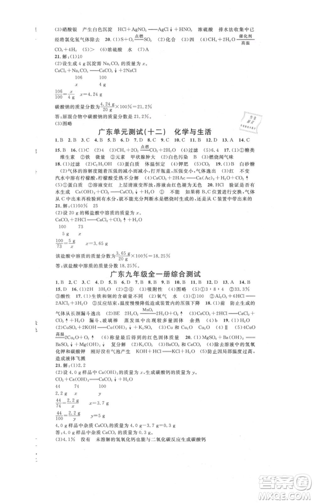 安徽師范大學(xué)出版社2021名校課堂九年級化學(xué)人教版課堂作業(yè)廣東專版參考答案