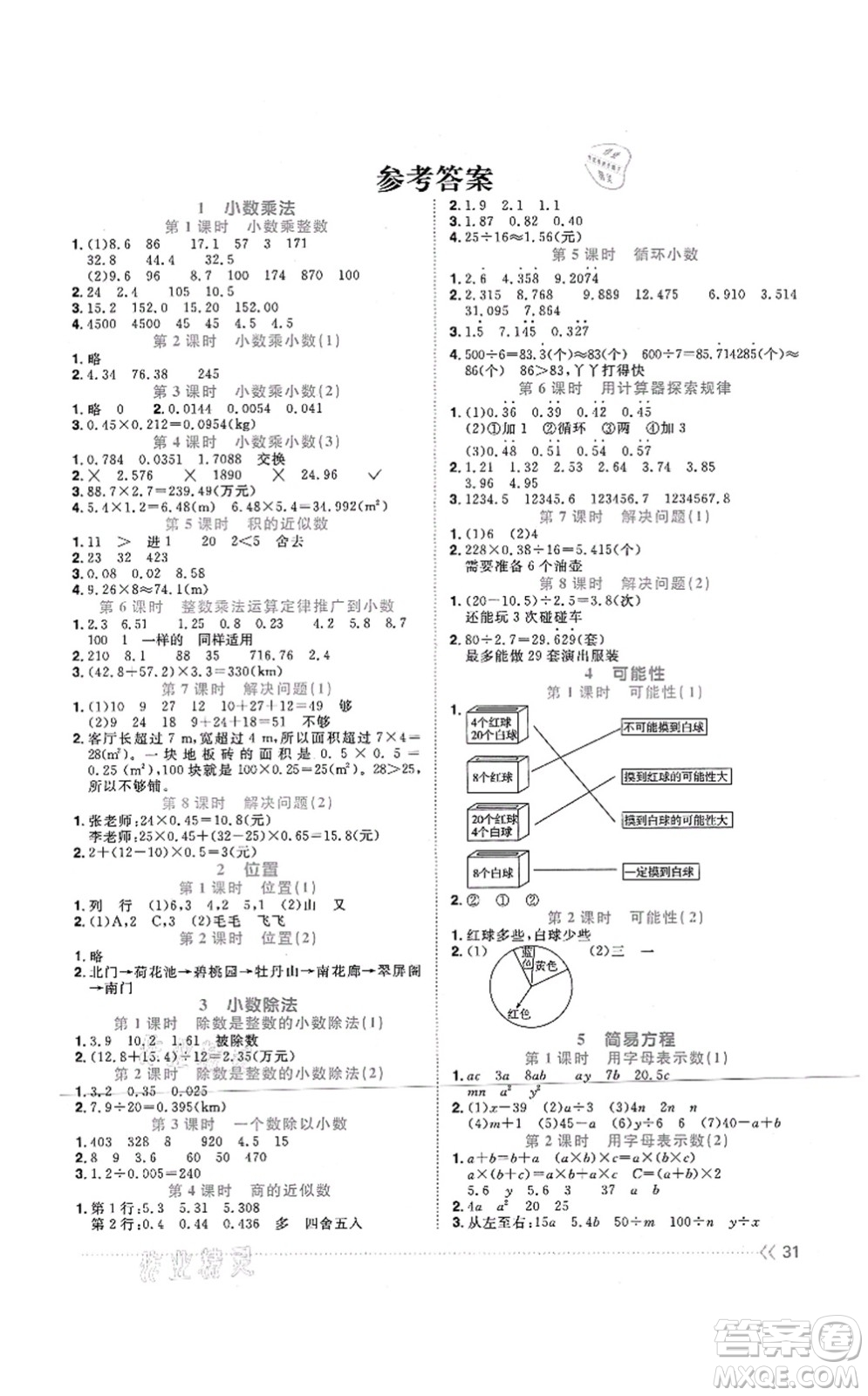 江西教育出版社2021陽光同學(xué)課時(shí)優(yōu)化作業(yè)五年級(jí)數(shù)學(xué)上冊(cè)RJ人教版江門專版答案