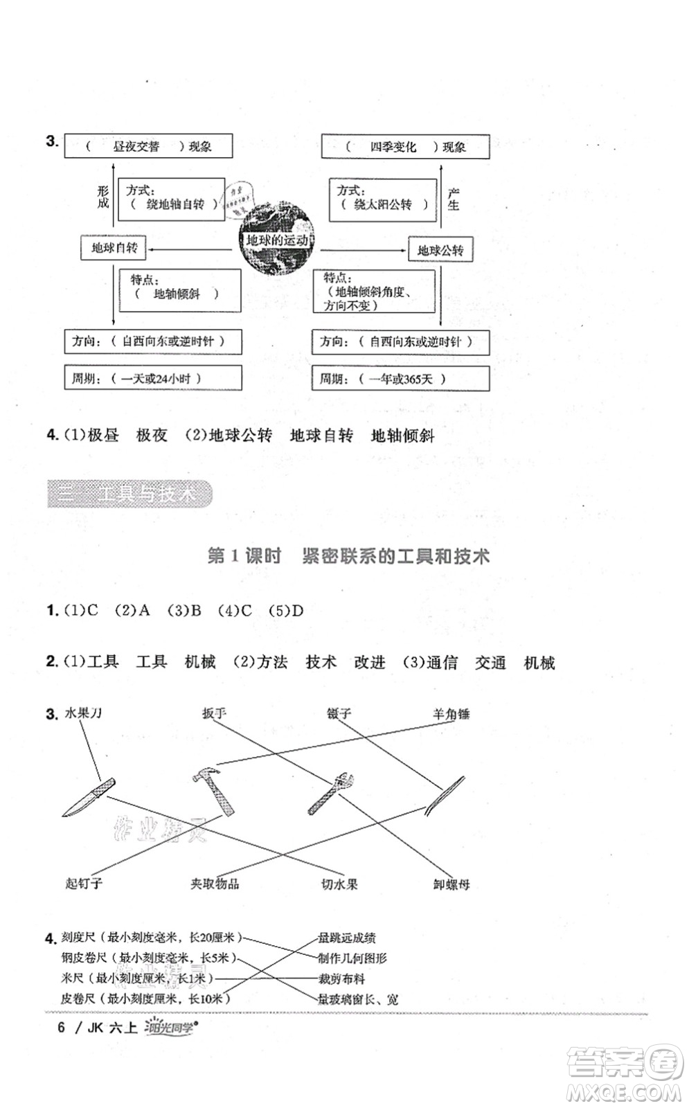 江西教育出版社2021陽光同學(xué)課時優(yōu)化作業(yè)六年級科學(xué)上冊JK教科版答案