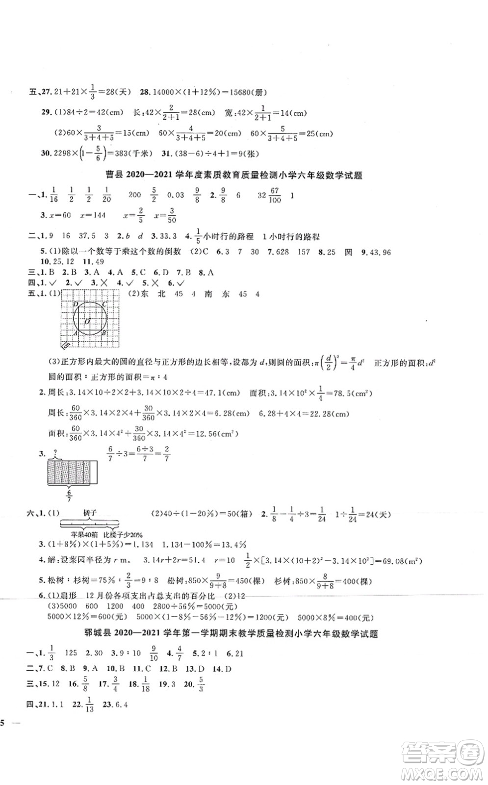 江西教育出版社2021陽光同學課時優(yōu)化作業(yè)六年級數(shù)學上冊RJ人教版菏澤專版答案