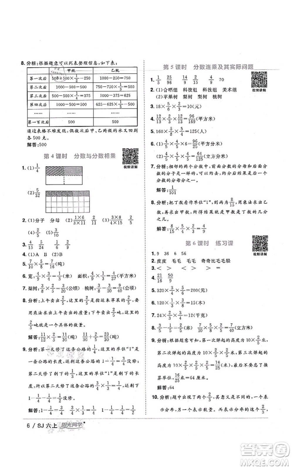 江西教育出版社2021陽光同學(xué)課時優(yōu)化作業(yè)六年級數(shù)學(xué)上冊SJ蘇教版寧德專版答案