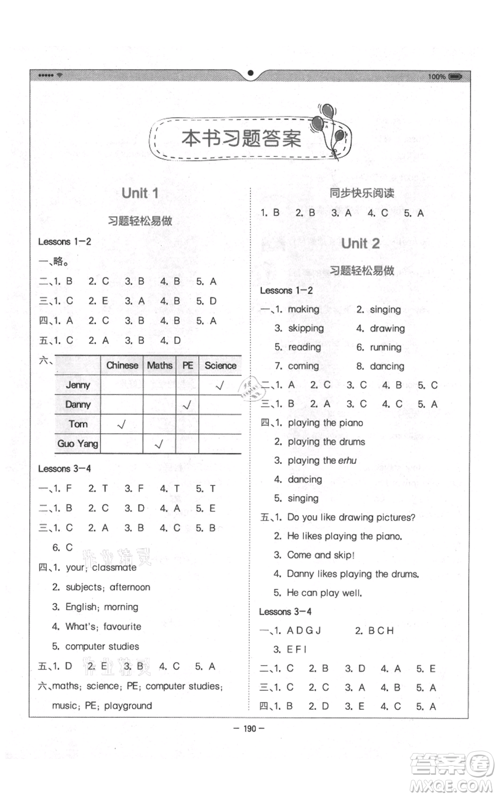 四川民族出版社2021全易通四年級上冊英語五四學制魯科版參考答案