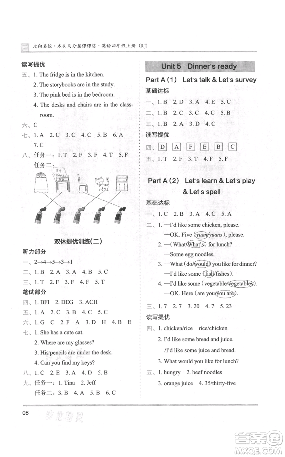 湖南師范大學(xué)出版社2021木頭馬分層課課練四年級上冊英語人教版參考答案