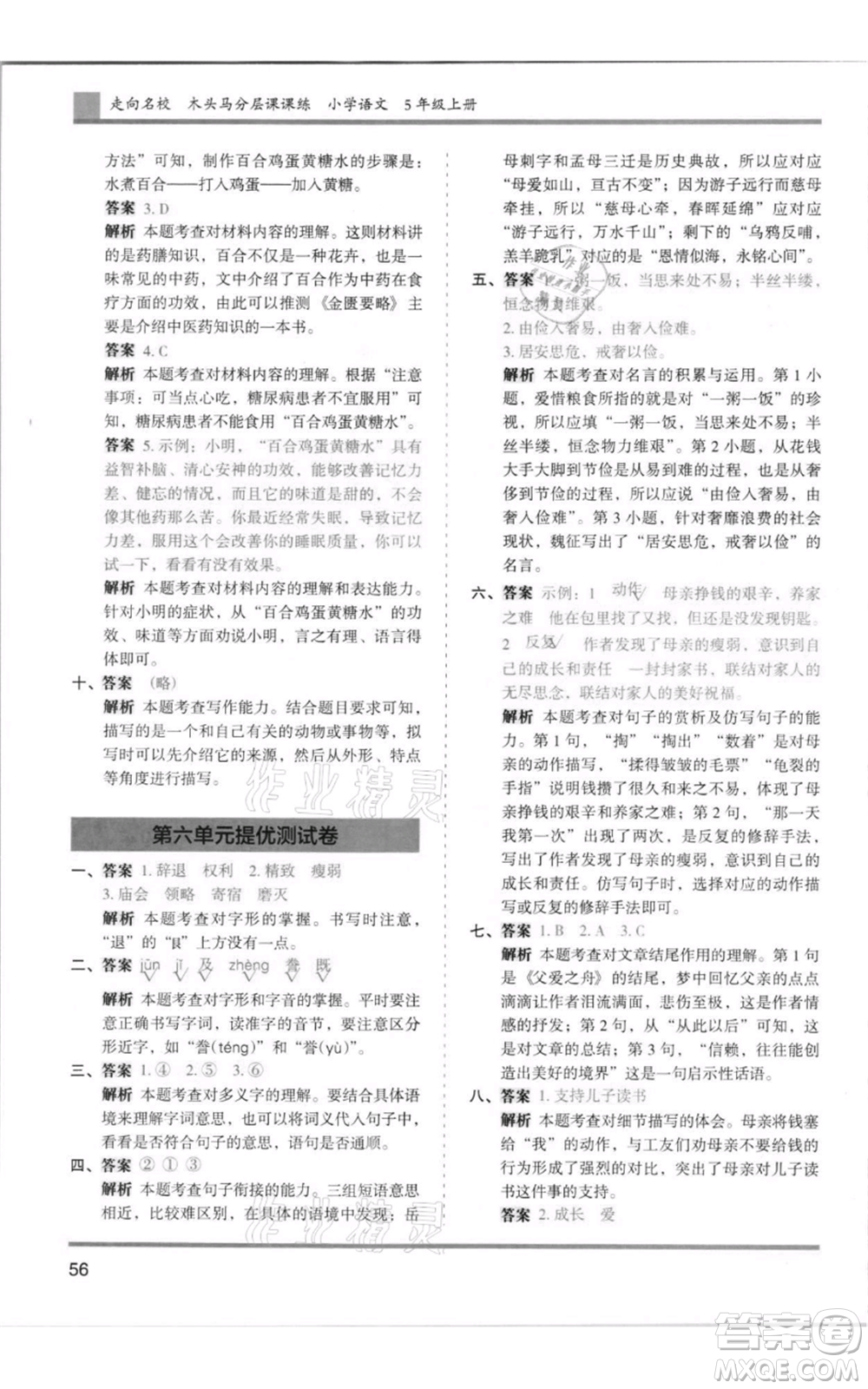 湖南師范大學(xué)出版社2021木頭馬分層課課練五年級(jí)上冊(cè)語文人教版浙江專版參考答案